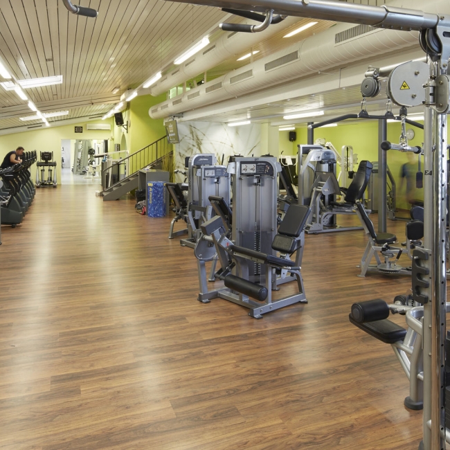 Gerätepark mit Kraftsportgeräten im Fitness Center Baregg